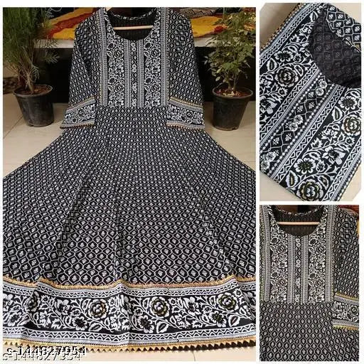 Traditional rayon anarkali kurtis, black printed combo with buttons, three-quarter sleeves for women