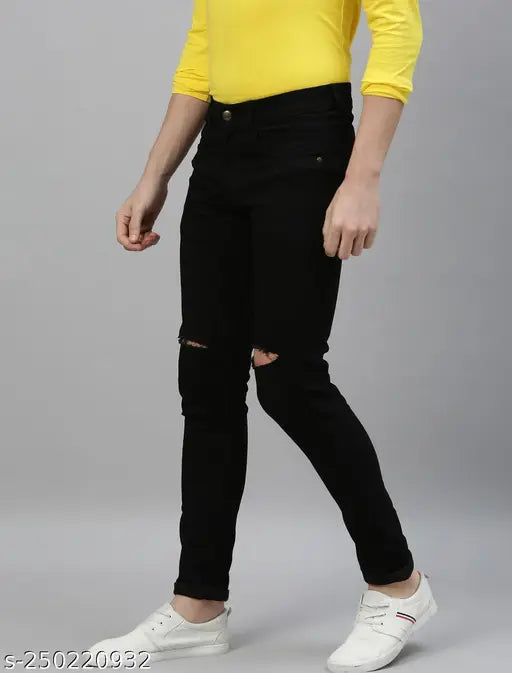 Men's black cotton blend knee-cut jeans, comfortable and stretchable for casual or special occasions. Perfect fit for sizes 28, 30, and 32. Indian made