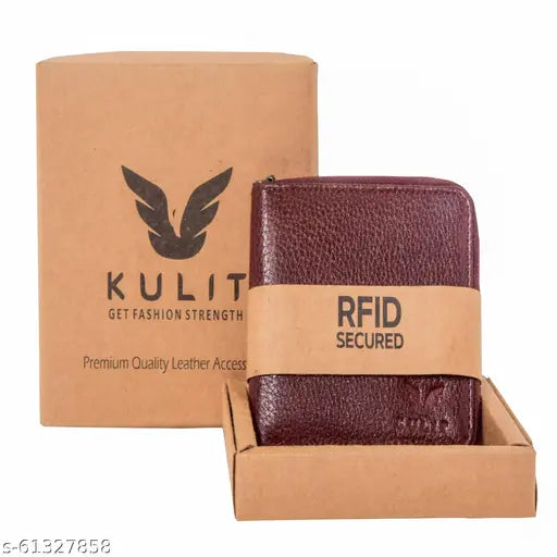 Brown Kulit leather unisex zipper wallet with RFID blocking, 2 compartments & textured pattern