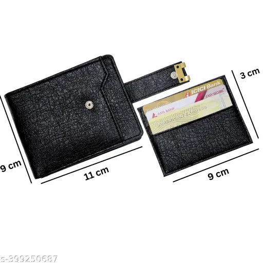Black faux leather RFID wallet, 10 card slots, sleek design, extra card holder, Strong Horns brand, men's casual to formal travel trendy wallet