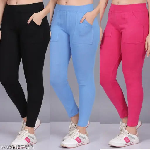 Cotton blend solid-colored Women's Trending Pocket Jeggings (Pack of 3), stretchable and breathable for daily wear, suitable for yoga and sports