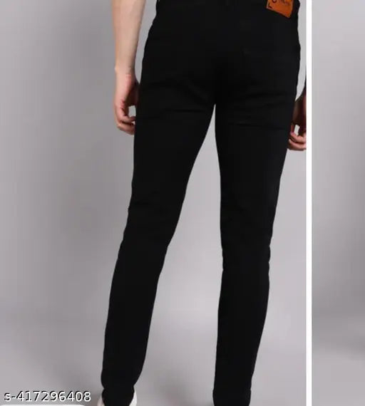 Comfy cotton mid-rise black jeans for men, slim fit with modern washed pattern