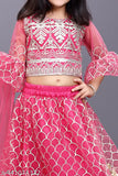 Deep Pink Embroidered Lehenga Choli Party Wear Set, girls' Super Net lehenga, choli, and dupatta with three-quarter sleeves, Cottan top, Dhoti pants. India-made traditional Indian party wear for 12 months to 8 years