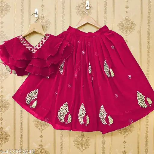 Georgette embroidered crop top & printed lehenga choli set for kids party wear, 2-8 years, Indian ethnic wear