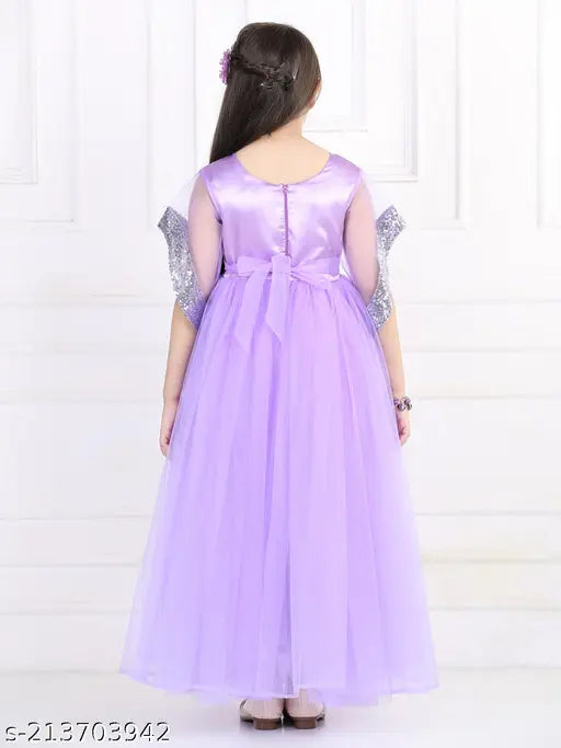 Lavender embellished net dress for girls (1-2 years), Indian-made full-length partywear with sleeveless design