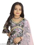 Indian-made, kora muslin girls' Alia cut top with sharara dupatta set. Traditional ethnic wear for weddings and parties, featuring vibrant prints." (124 characters)