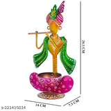 Metal Krishna Ji Decorative Showpiece/ T Light Holder - Indian-crafted metal showpiece with intricate detailing, perfect for Diwali, home decor, or as a gift. Dimensions: 6.5"L x 3"W x 11.5"H (Net Quantity: 1)