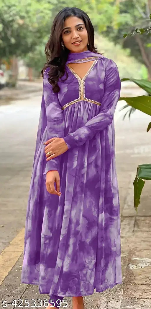 Women's Floral Printed V Neck Georgette Anarkali Gown with Dupatta - Indian ethnic wear for parties and festivals