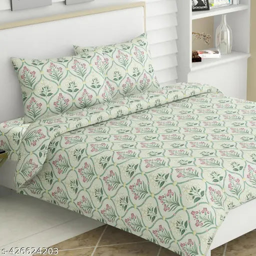 Haus & Kinder 100% Cotton 186 TC Double Floral Bedsheet ( Green Blossoms ) – With Complimentary 2 Pillow Covers