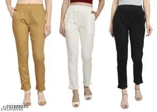 Cotton stretchable cigar pant combo with both side pockets, pack of 3 in golden black and white - versatile self-design net pants for casual wear, sizes 28-42