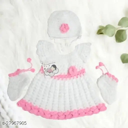 White handmade woolen baby girl's sweater dress with cap & socks, self-design net, ideal for parties or special occasions