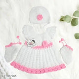 White handmade woolen baby girl's sweater dress with cap & socks, self-design net, ideal for parties or special occasions