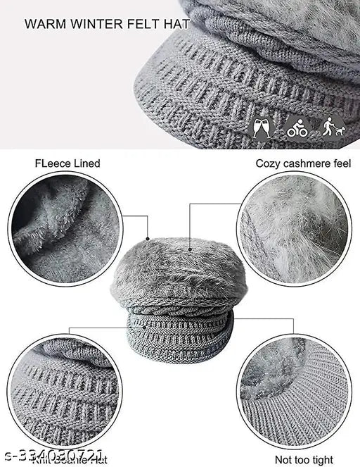 Gray wool furr hat with knit pattern and no size indication, suitable for winter, displayed on mannequin