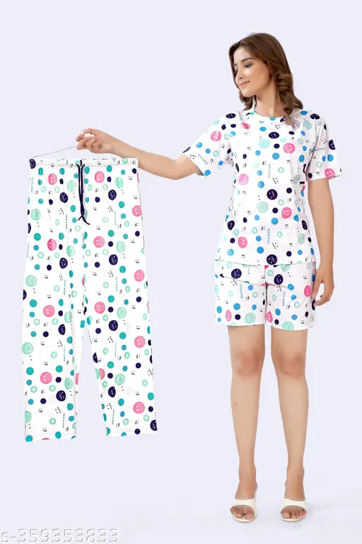 Printed polycotton three-piece night suit combo with digital printed T-shirt, pyjama (pajama), and shorts, suitable for all women, no iron required, wrinkle-free fabrics. Nightwear set for women with regular fit and half sleeves