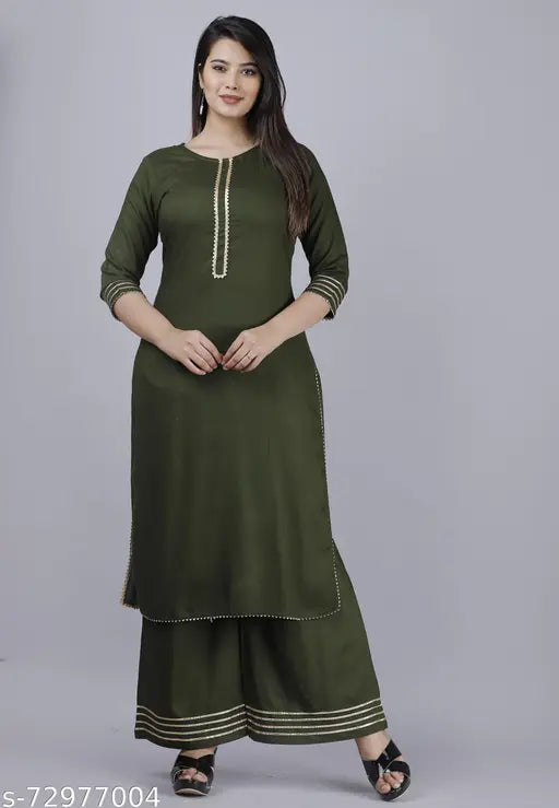 Rayon MAUKA Women's Embellished Kurta with Palazzo (Set of 2), featuring gota work, in a solid color palette, perfect for stylish Indian wear
