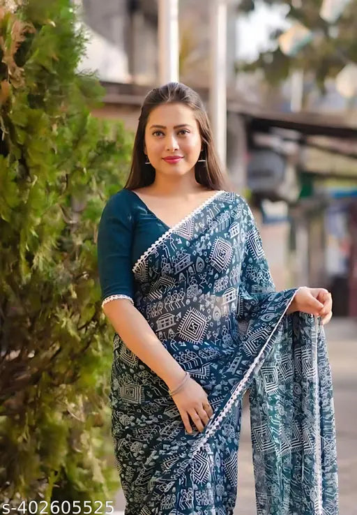 Chiffon saree new collection, printed with same border pattern, free size, 5.5m length, white, trending color
