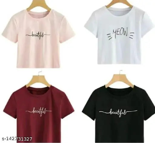 Cotton blend women's contemporary style statement T-shirt, classic round neck, comfortable apparel