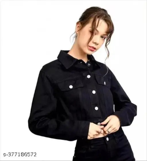 Trendy black cotton denim long sleeve jacket for women, solid pattern, size options available