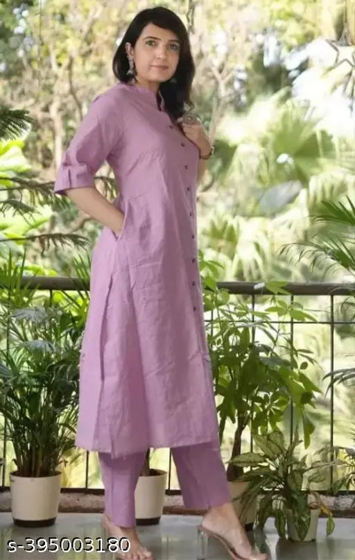 Cotton Kaatha Kurta Palazzo Set, solid-colored Indian cotton set with short sleeves for women