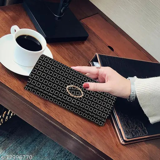Black leather clutch with multiple card slots, suitable for modern women's styles
