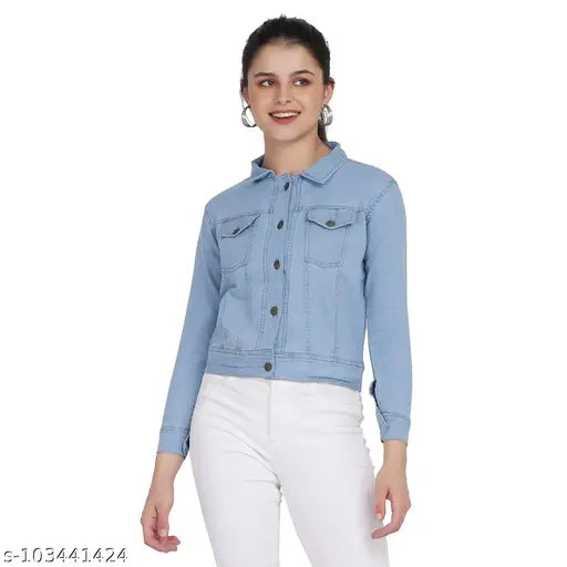 Women's denim light blue jacket, solid net, three-quarter sleeves, India-made wardrobe essential