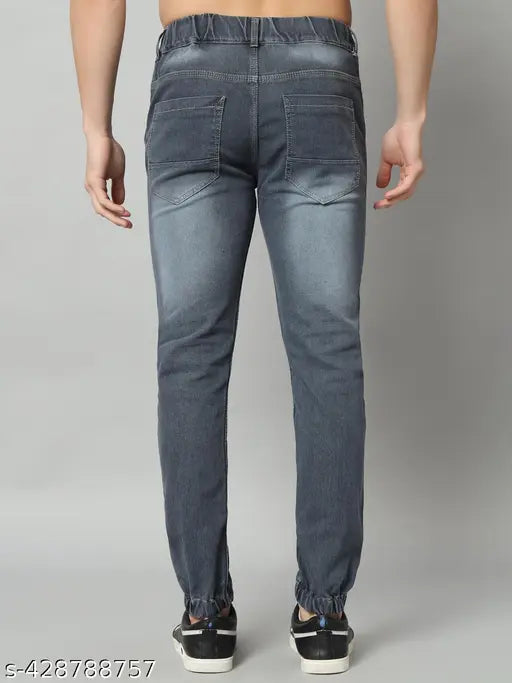 Grey denim stretchable joggers for men's, regular fit with monkey wash pattern. Available in sizes 26, 28, 30, 32 (Waist 26-40, Hip 34-40, Length 39in), origin India