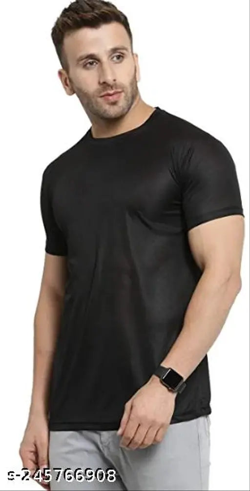 Black round neck t-shirt, men's plain style, polyester fabric, short sleeves - comfortable casual wear, perfect fit for parties or gym. Made in India