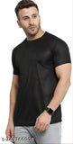 Black round neck t-shirt, men's plain style, polyester fabric, short sleeves - comfortable casual wear, perfect fit for parties or gym. Made in India