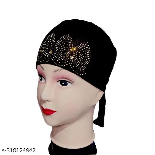 Black cotton hijab cap with embroidered details and a ponytail opening