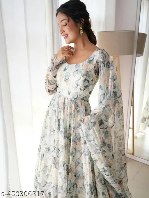 Georgette Delta Grey Pata(White) women's gown with long sleeves, printed net pattern, multiple sizes available