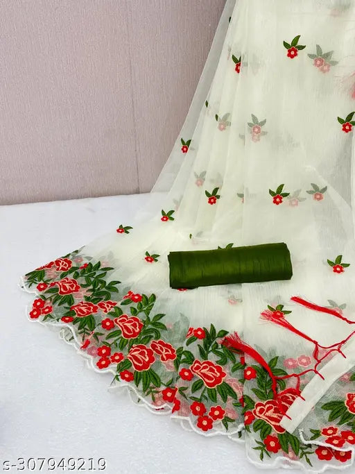 Golden Super Net embroidered sari with Banglore silk blouse, intricate threadwork and cutwork border