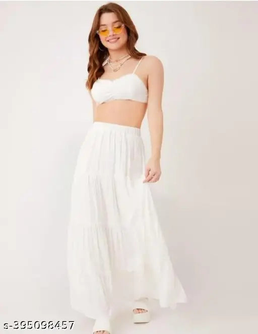 White cotton midi skirt with high waist and drawstring tie