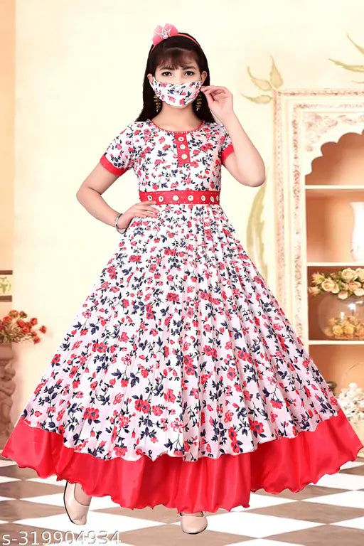 Red cotton blend girls maxi full-length festive wedding dress with short sleeves, featuring intricate detailing and a printed net pattern. Ideal for special occasions, this comfortable and stylish dress is perfect for weddings or celebrations, suitable for 3-14 years old. Made in India