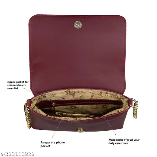 Brown faux leather ALSU Women's sling bag, metallic straps, 2 compartments, vegan friendly