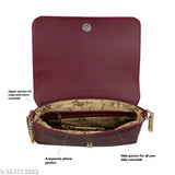 Brown vegan leather sling bag with metallic straps by ALSU. Trendy fashion accessory