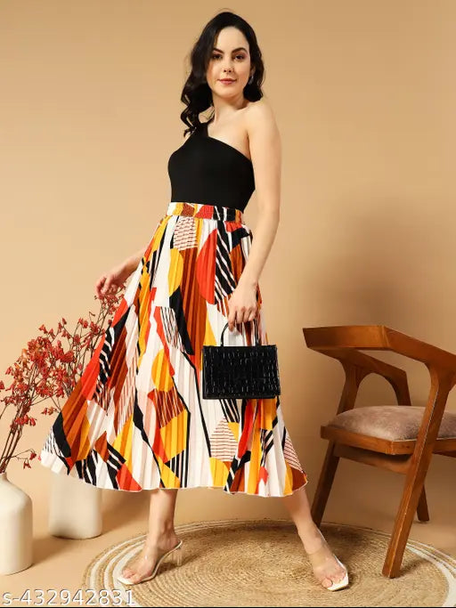 Geometric print, pleated midi skirt, elastic waist, women's clothing