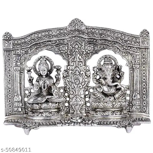 Silver oxide Metal Lord Laxmi Ganesh Idol Statue with Frame Decoration Pooja Showpiece (8x6 inch), religious home or office decor, ideal for anniversaries, birthdays, weddings, and festivals