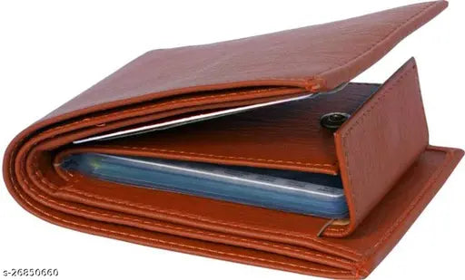 Brown PU two-fold men's wallet, solid pattern, free size (L9cm x W11cm), 2 compartments, 8 card slots, trendy accessory for daily use, Made in India