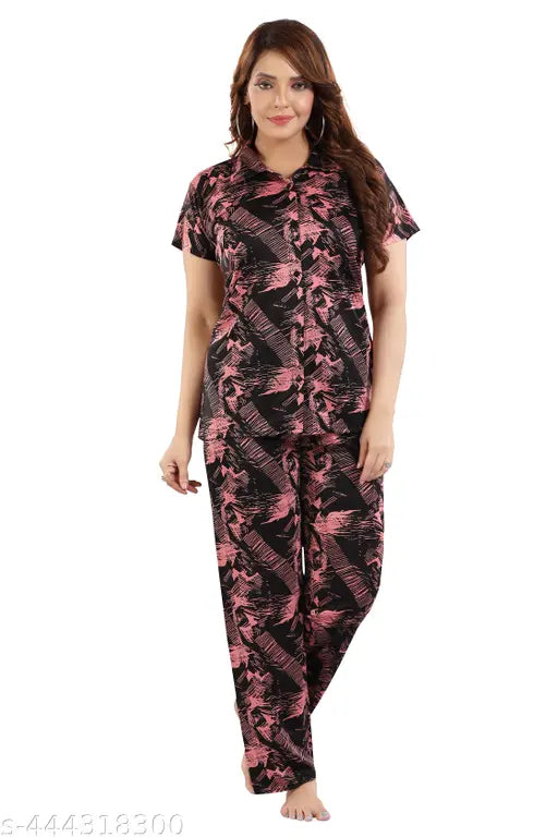 Women's satin printed kollar nightsuit set - short sleeve polyester pyjamas with top and bottom for women and girls, featuring vibrant pattern design on display