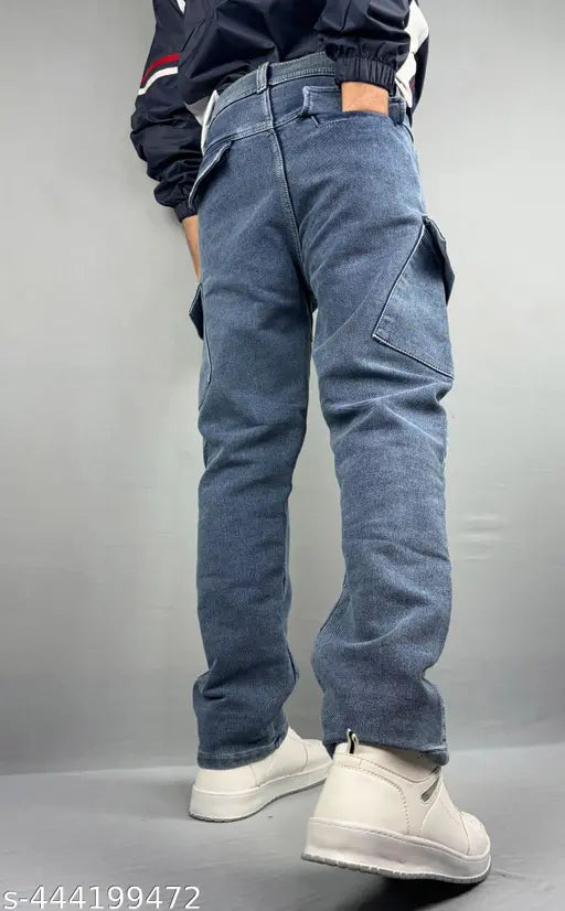 Light blue inner pocket cargo jeans with side pockets, zip fly, and belt loops
