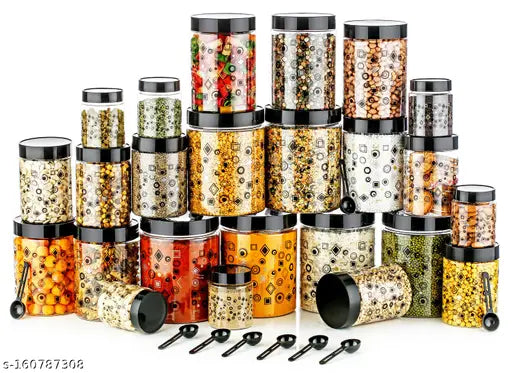 Black plastic grocery containers with lids, featuring a print design in various sizes and volumes (30, 2000ml; 6 pcs; 1200ml; 6 pcs; 650ml; 6 pcs; 350ml; 6 pcs; 250ml)