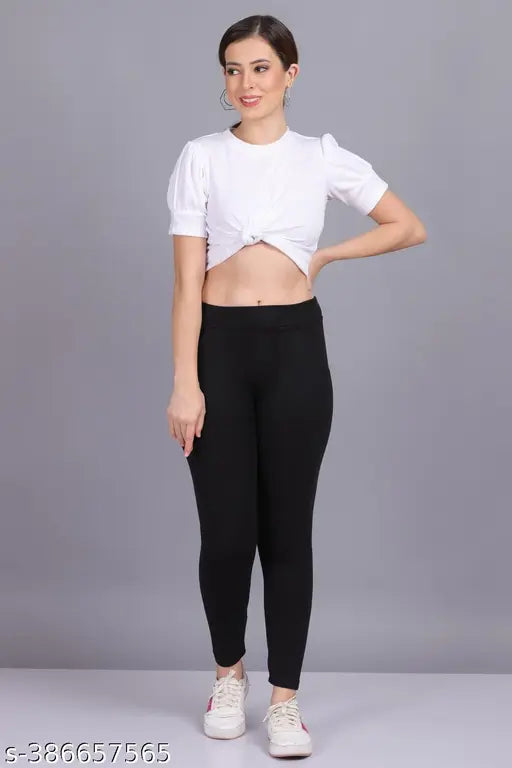 Cotton blend solid-colored pocket jeggings pack (3), stretchable and breathable for daily wear, yoga, and sports