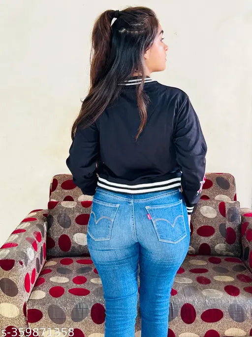 Elastodiene black bomber jacket, embroidered net design for women & girls (S: 30in bust, 18in length; M: 32in bust, 19in length; L: 34in bust, 20in length)