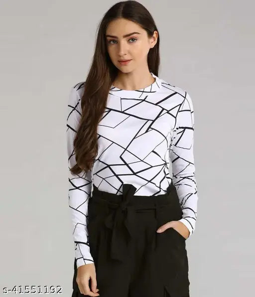 Women's cotton long sleeves printed t-shirt, trendy design in size L, made in India