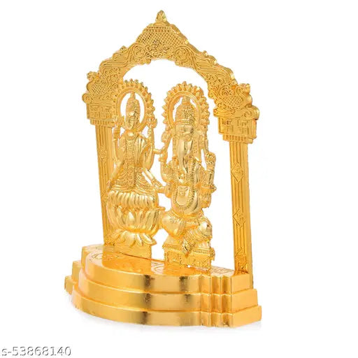 Gold metal plated Lakshmi Ganesh temple statue, ornate design, 11cm x 14cm x 3cm, perfect for Pooja, Diwali gift