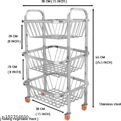 Stainless steel 3-tiered kitchen trolley with a large bottom basket