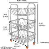 Stainless steel 3-tiered kitchen trolley with a large bottom basket