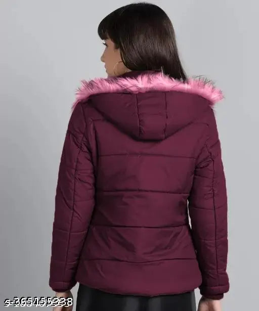 Coral maroon full-sleeve puffer women's jacket in nylon, perfect for cold seasons