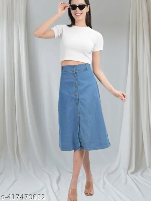 Women's light blue denim mini skirt with flared bottoms