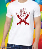 New Printed Polyester White Men's T-shirt with Arabic Ya Ali Logo, short sleeves and round neck, ideal for casual occasions